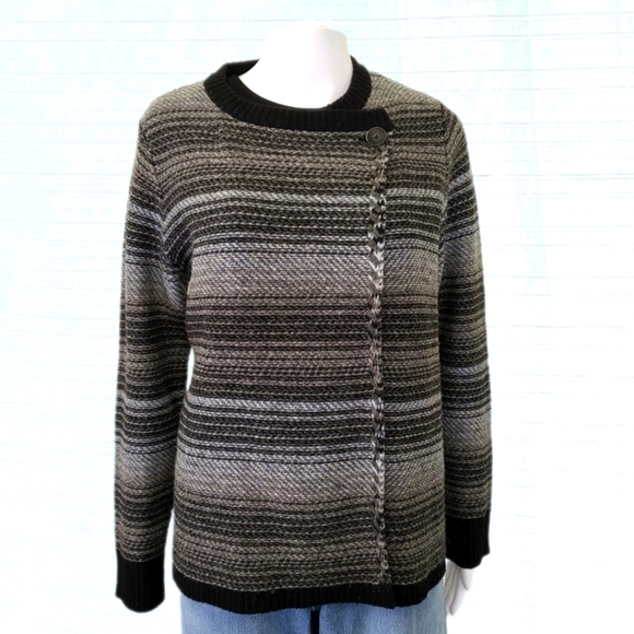 WOOLRICH Lambswool Cardigan Sweater Jacket Black/Grey/Cream Pattern Women's M - Picture 8 of 9